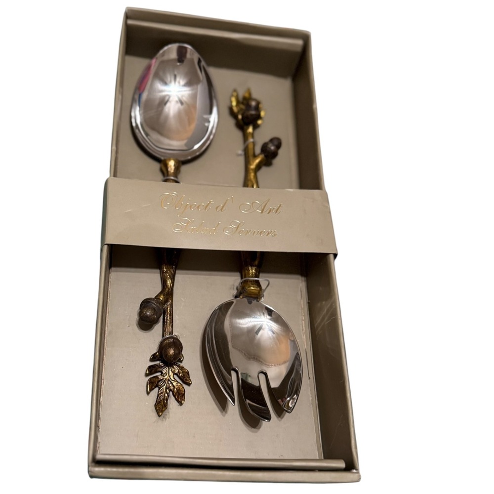 NEW Object d'Art Salad Servers Set Gold Twig Acorn Oak Leaf Stainless Steel